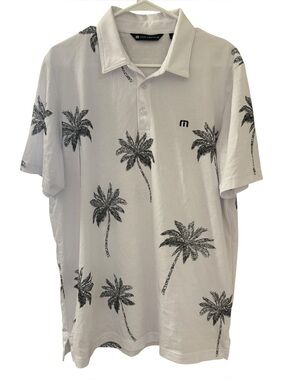 Travis Mathew Men's White/Black Palm Trees Mesic Perfect Polo Shirt Size Large